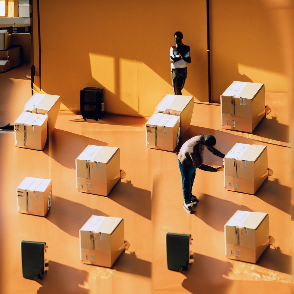 Overhead view of two individuals organizing cardboard boxes in a brightly lit orange warehouse, with sunlight creating sharp shadows.