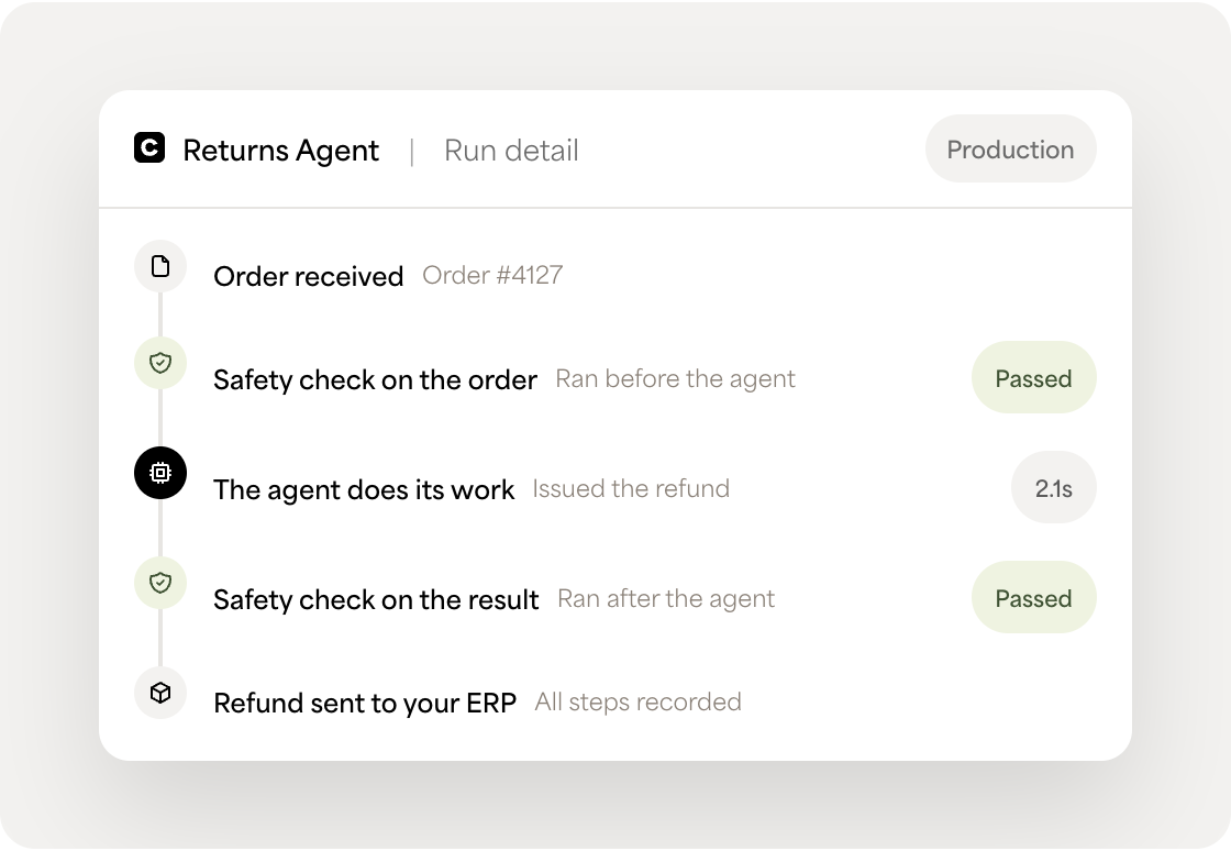 Celigo AI agent run detail showing governance information for an enterprise workflow.