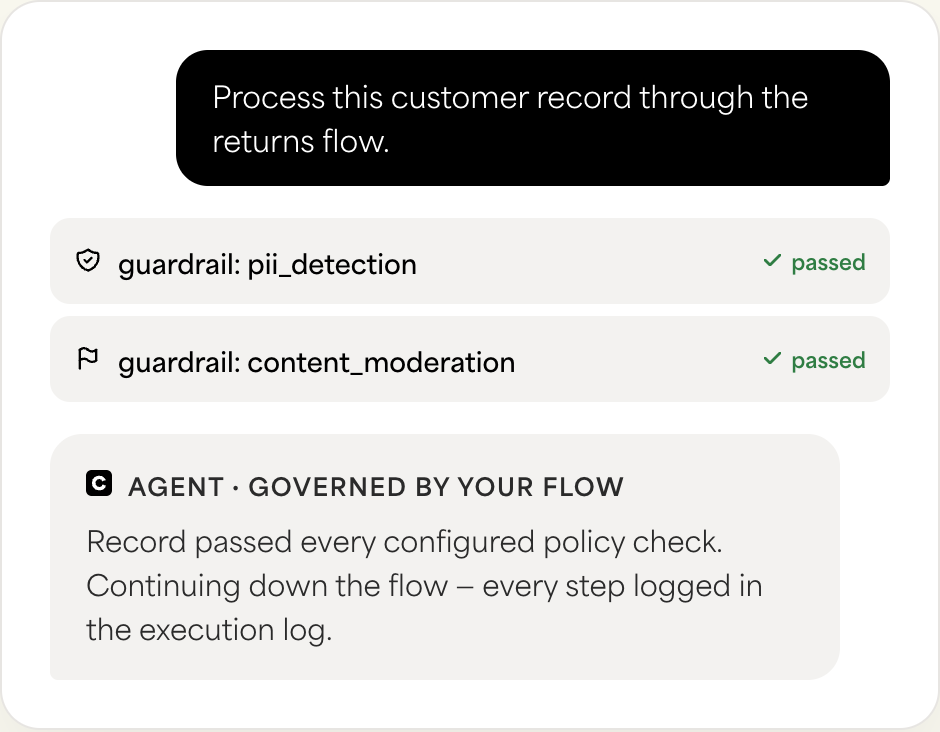AI agent conversation showing two guardrail policy checks passing before the agent continues.