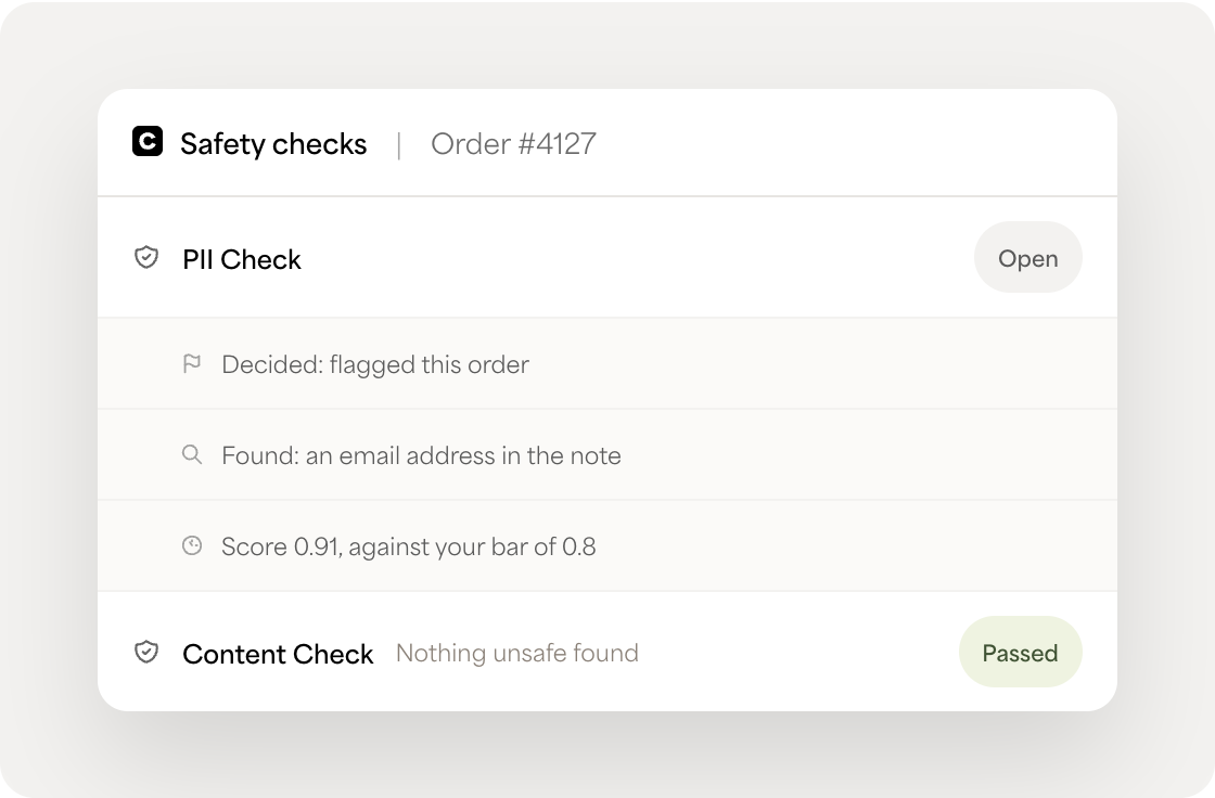 Guardrail trace details showing how a policy check evaluated a record.