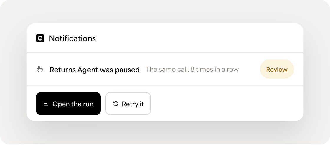 Celigo notification showing a repeated AI agent tool-call limit.