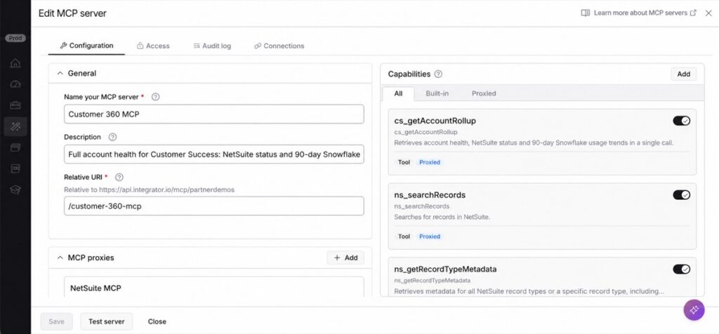 MCP Management product demo: editing an MCP server in Celigo