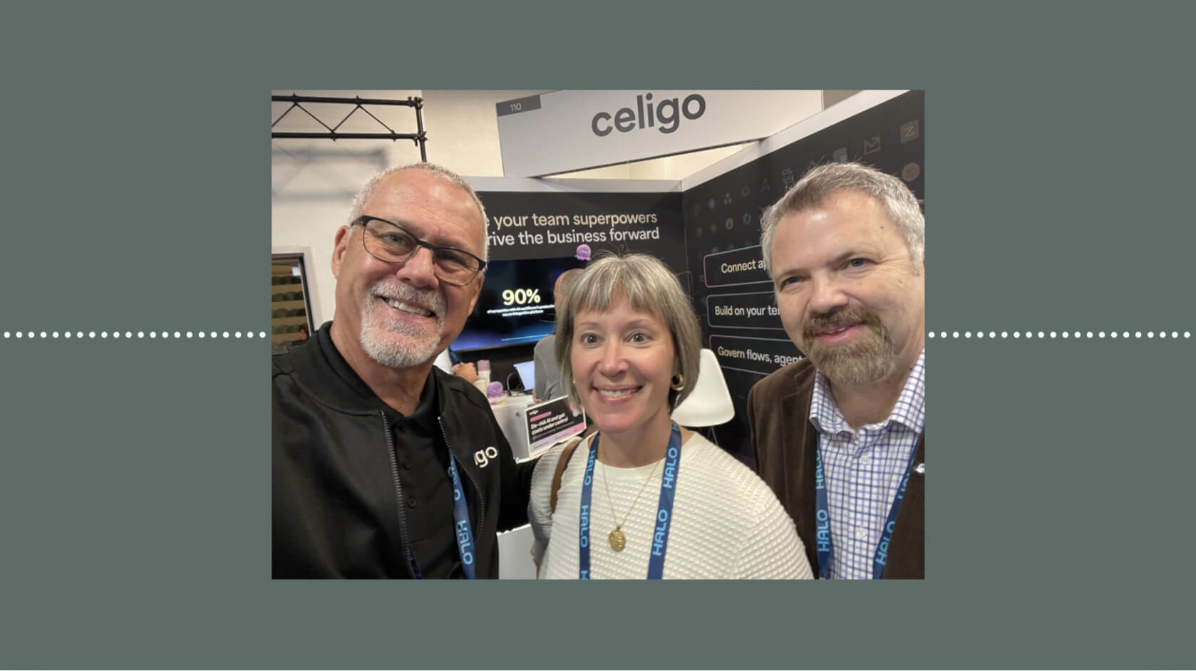 Three people posing at a Celigo booth.